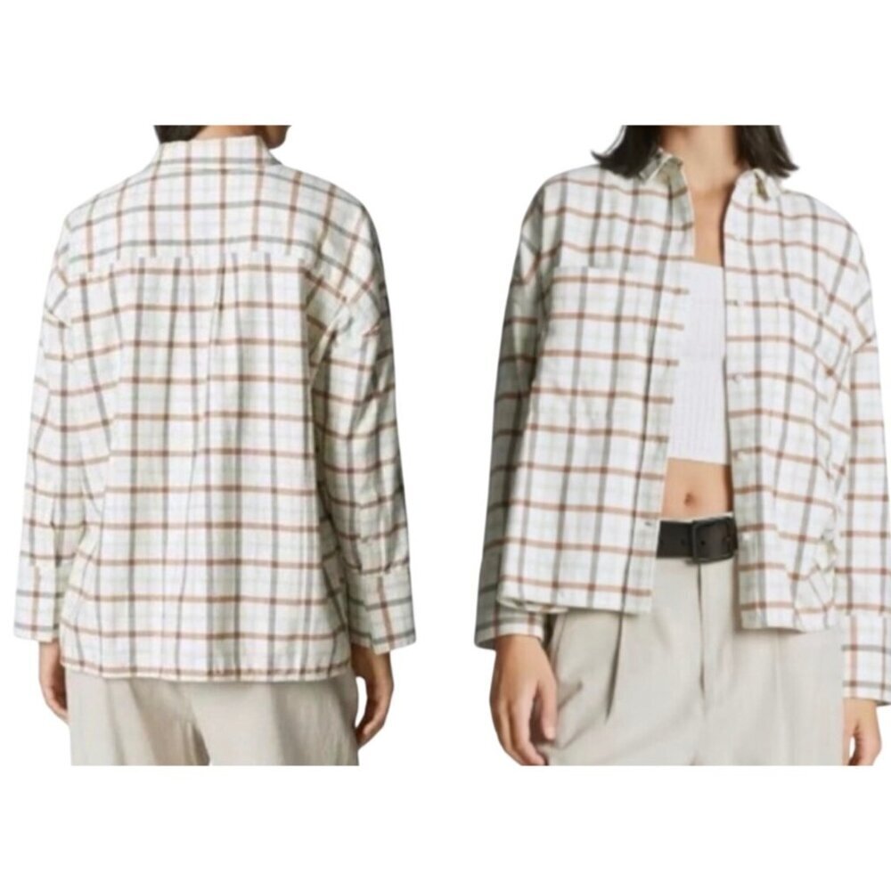 Everlane The Boxy Flannel Top~Size M~Tan Green Plaid Long Sleeve Shirt NWT L3 41